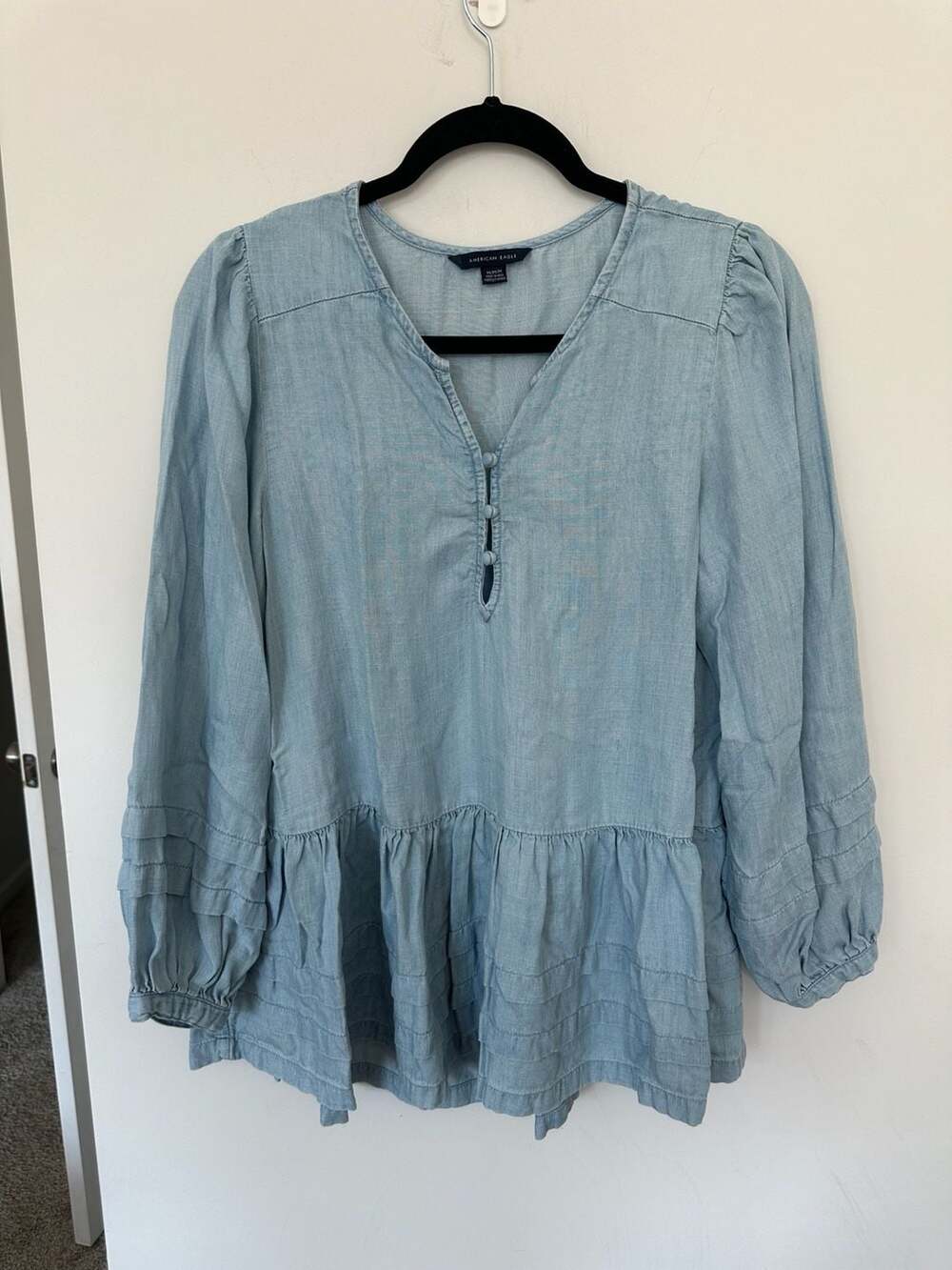 American Eagle Blue Chambray Tiered Peplum Blouse